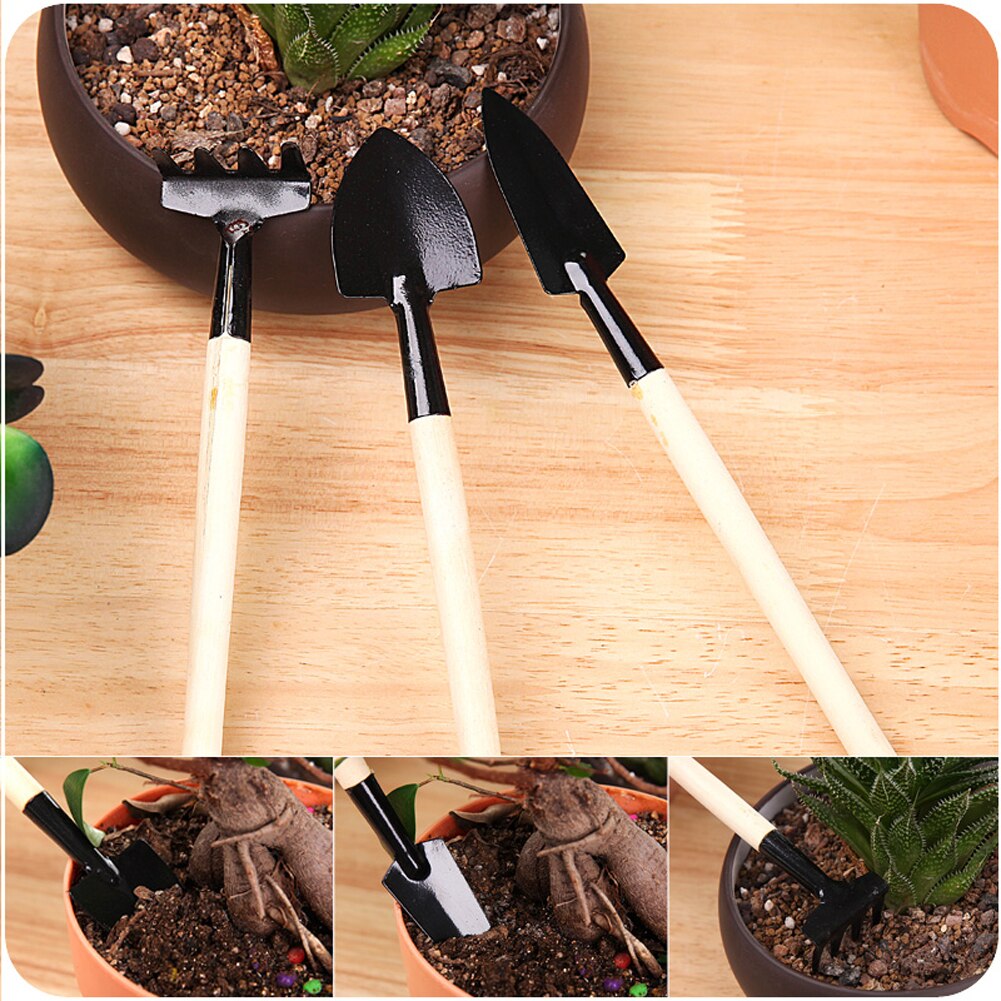 3pcs Mini Portable Gardening Tools Metal Head Shovel Rake Spade Plant Garden Soil Flowering Wooden Handle Tool Set