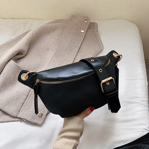 Chain Fanny Pack Banana Waist Bag Brand Belt Bag Women Waist Pack PU Leather Chest Bag Belly Bag Woman Bag: Black