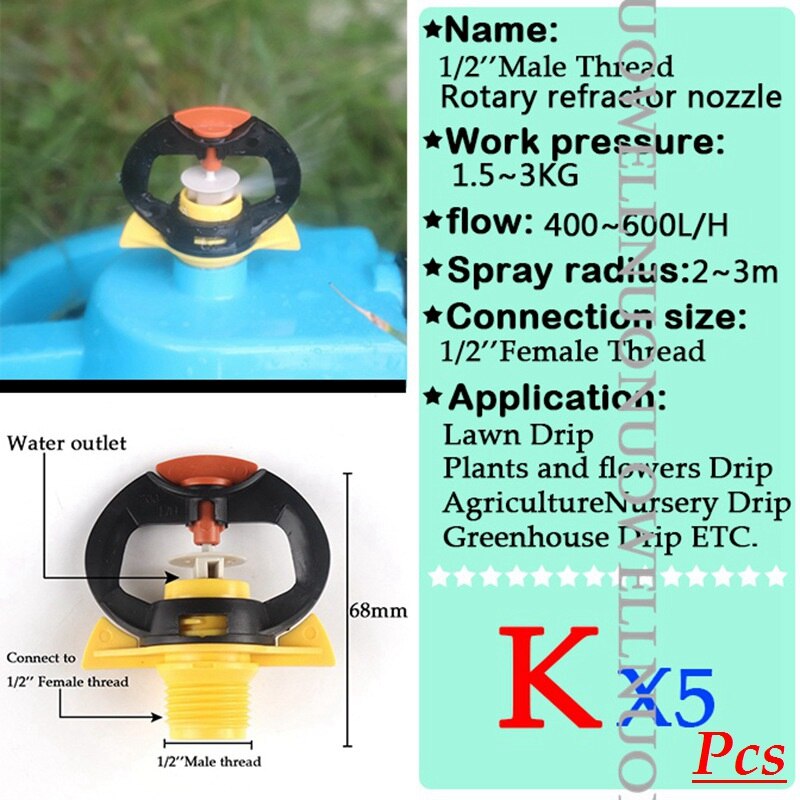 5Pcs Irrigation Spray Nozzle 1/2'' 3/4'' Male Thread Garden Watering Sprinkler 360Rotary Refractor Sprinkler For Greenhouse Drip: K