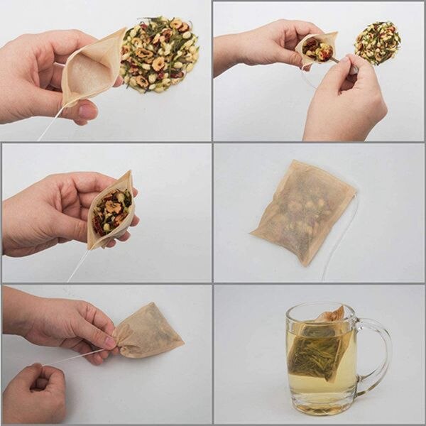 Theefilter papieren zakjes wegwerp thee-infuser met trekkoord voor losse thee, natuurlijk ongebleekt papier 4 x 3 in,400 stuks