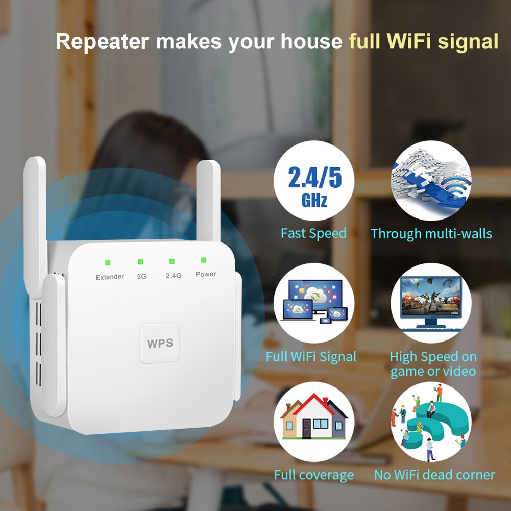 Punto di accesso del ripetitore del segnale WiFi 1200M spina ue ripetitore dell'amplificatore WiFi 4-Antenna per forniture di Computer per la cura dell'ufficio