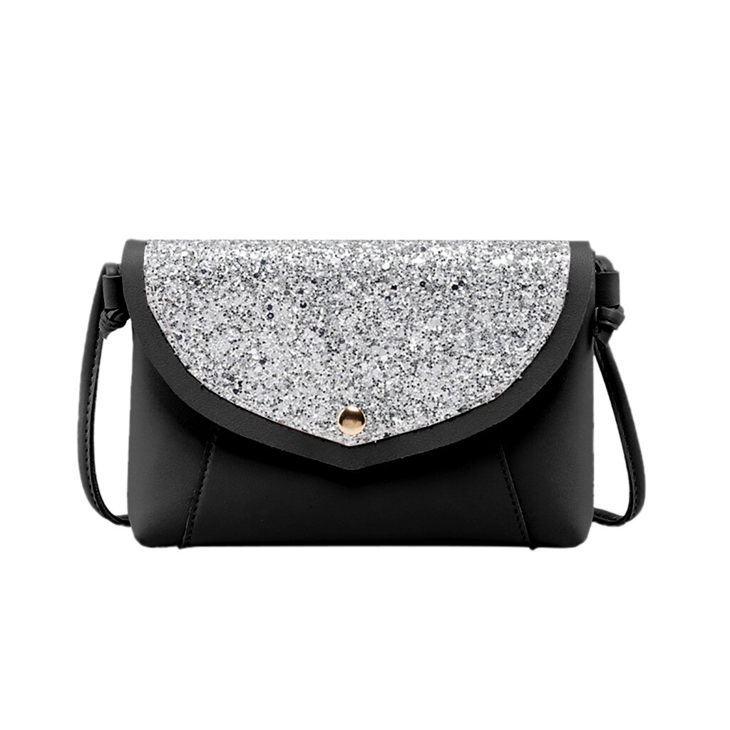 Frauen Pailletten Kette Handtasche Abend Tasche PU Leder Schulter Tasche Kleine Klappe Umhängetaschen für Frauen Bote Taschen: schwarz