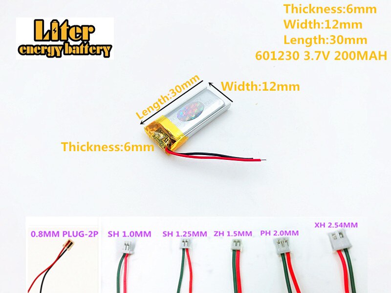 Batería de polímero de litio para MP3, MP4, MP5, de 3,7 V batería recargable, 200mAh, 601230