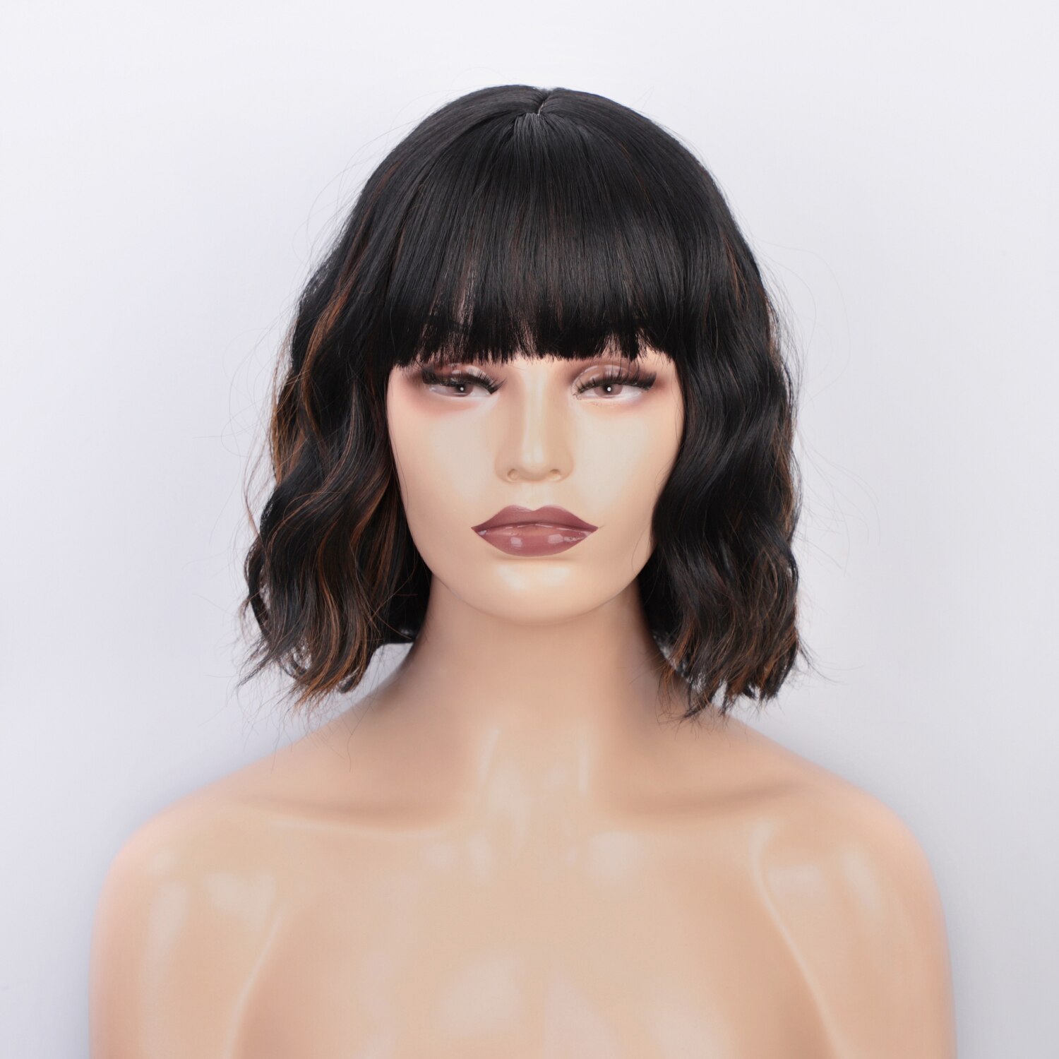 SUe EXQUISITE Wavy Wig 12'' Short Bob Wigs With Air Bangs Shoulder Length Women's Curly Wavy Short Wig for Halloween Costume