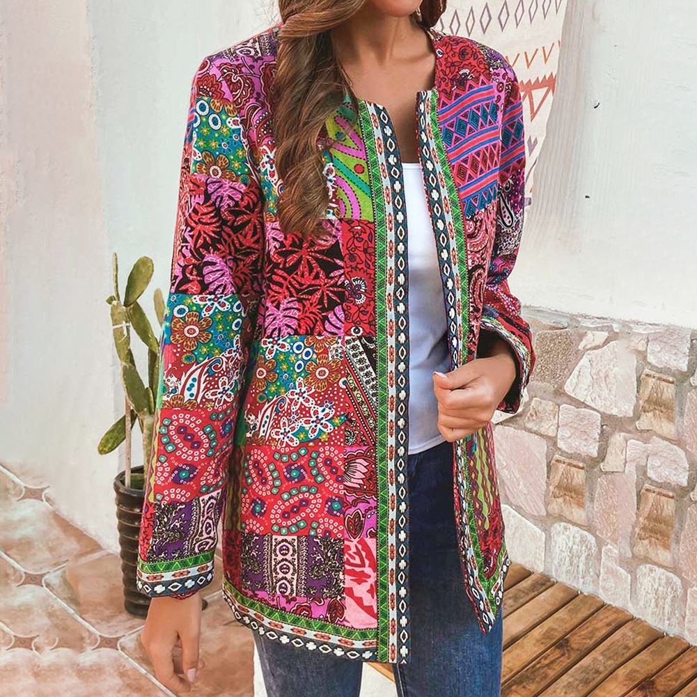 6XL chaqueta abrigo de de las mujeres de otoño e invierno de etnia Floral manga larga chaqueta de abrigo suelto ropa Chic superior