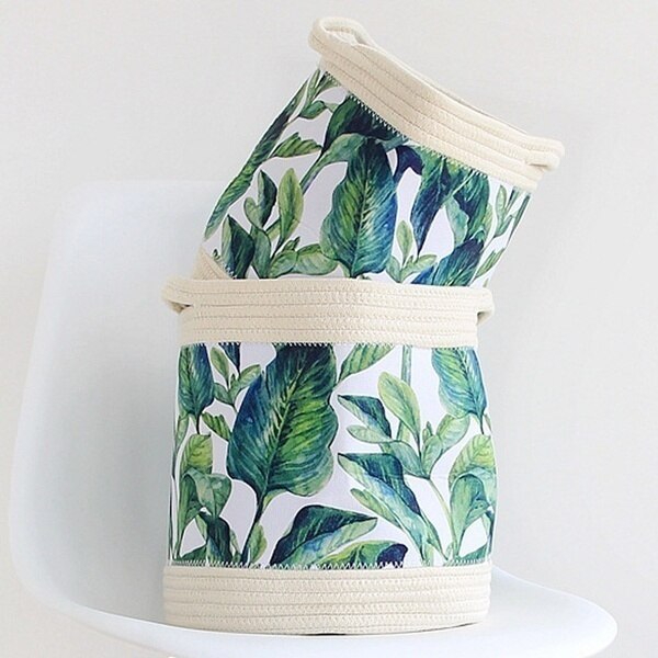 Nordic Green / Grey Leaf Cotton Rope Storage Basket Tropical Flowers Woven Finish Baskets Foldable Sundries Organizer Bucket