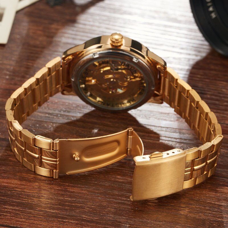 Shenhua Luxe Full Staal Golden Automatische Mechanische Horloge Mannen Zilver Skeleton Analoge Horloge Mannelijke Relogio Mascualino