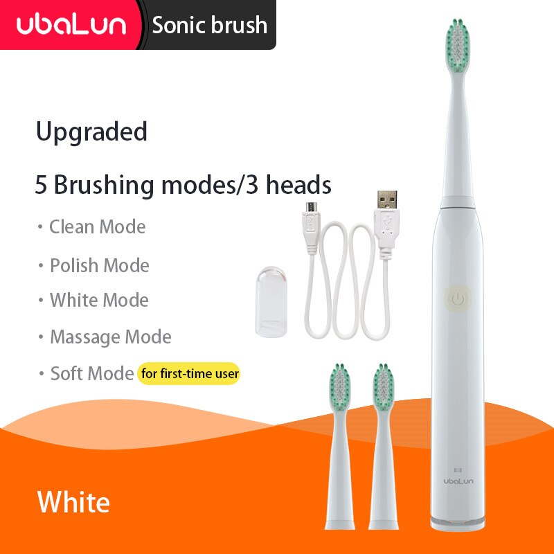 Sonic Toothbrush Vibrator Electric Toothbrushes Oral Care Adult Children Electric Toothbrush Ultrasonic Tooth Brush: 5 modes 3 head White