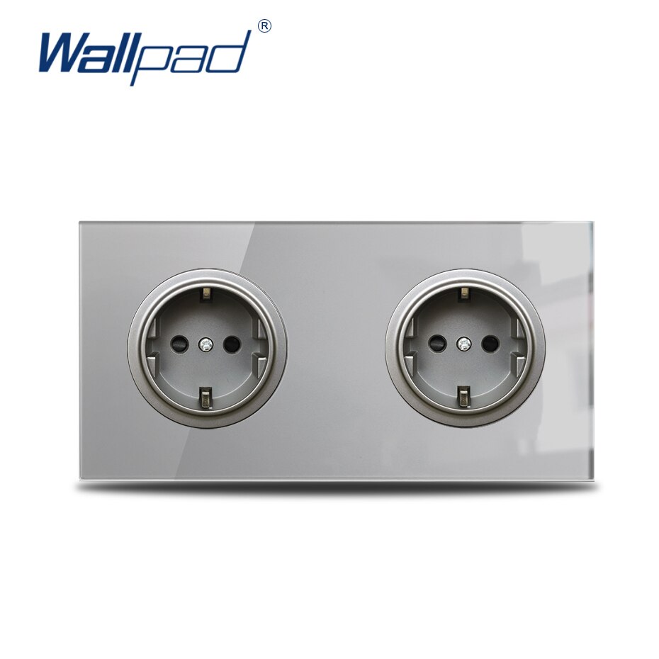 Wallpad L6 Grey Glass Double 2 Way EU Wall Power Socket Electric Outlet Schuko Twin Dual Socket, 172 * 86 mm