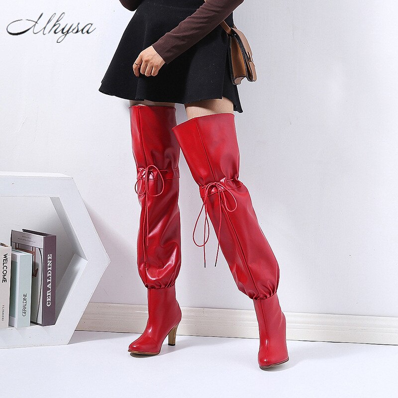 hiver femmes bottes à lacets Long Tube bottes confortable bout rond à talons hauts en polyuréthane sur le genou femmes bottes