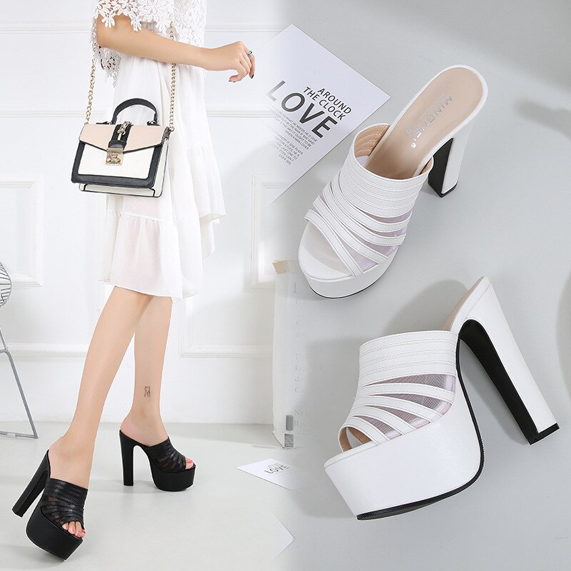 Peep toe sandaler dam skor tjock klack tofflor dam sommar högklack 15cm plattform kvinnliga sandaler casual flip flops