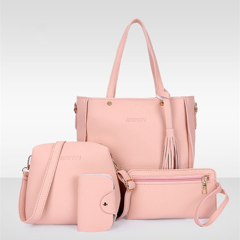 Conjunto de Tarjetero con asa superior para mujer, bolso de hombro con borla de gran capacidad, Cartera de cuero PU, cruzado, 4 Uds.: Pink