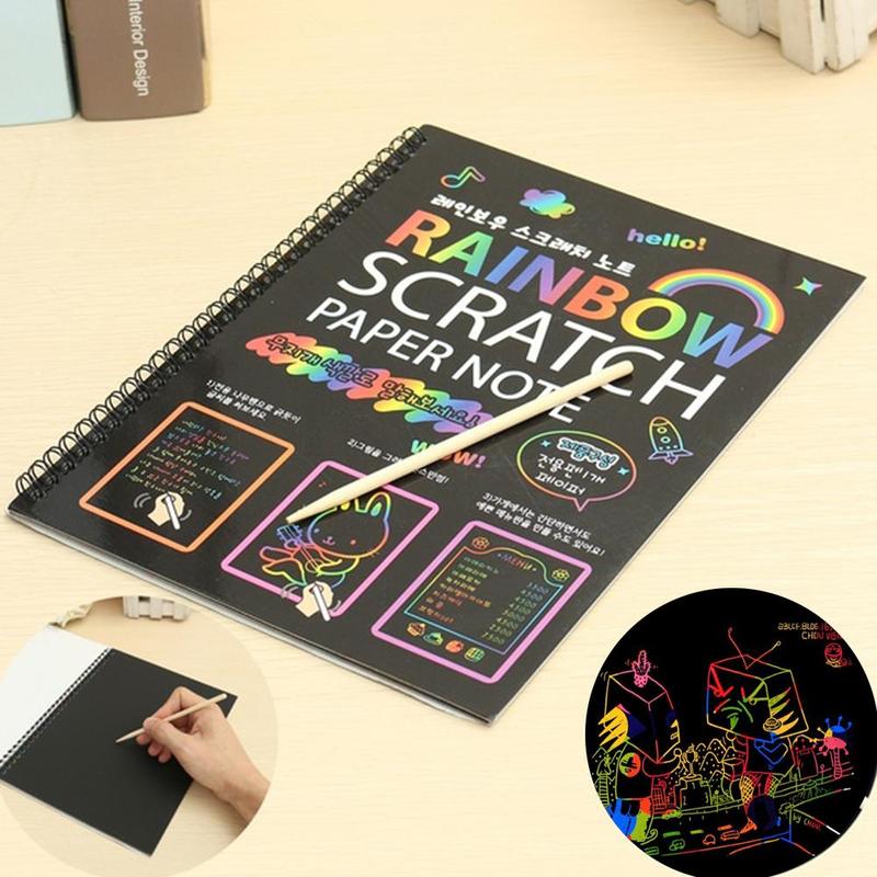 1pc DIY Doodle Board 19x26cm Rainbow Scratch Paper Note Book Kids Drawing Board Toy Handmade Decompression Puzzle R0T9