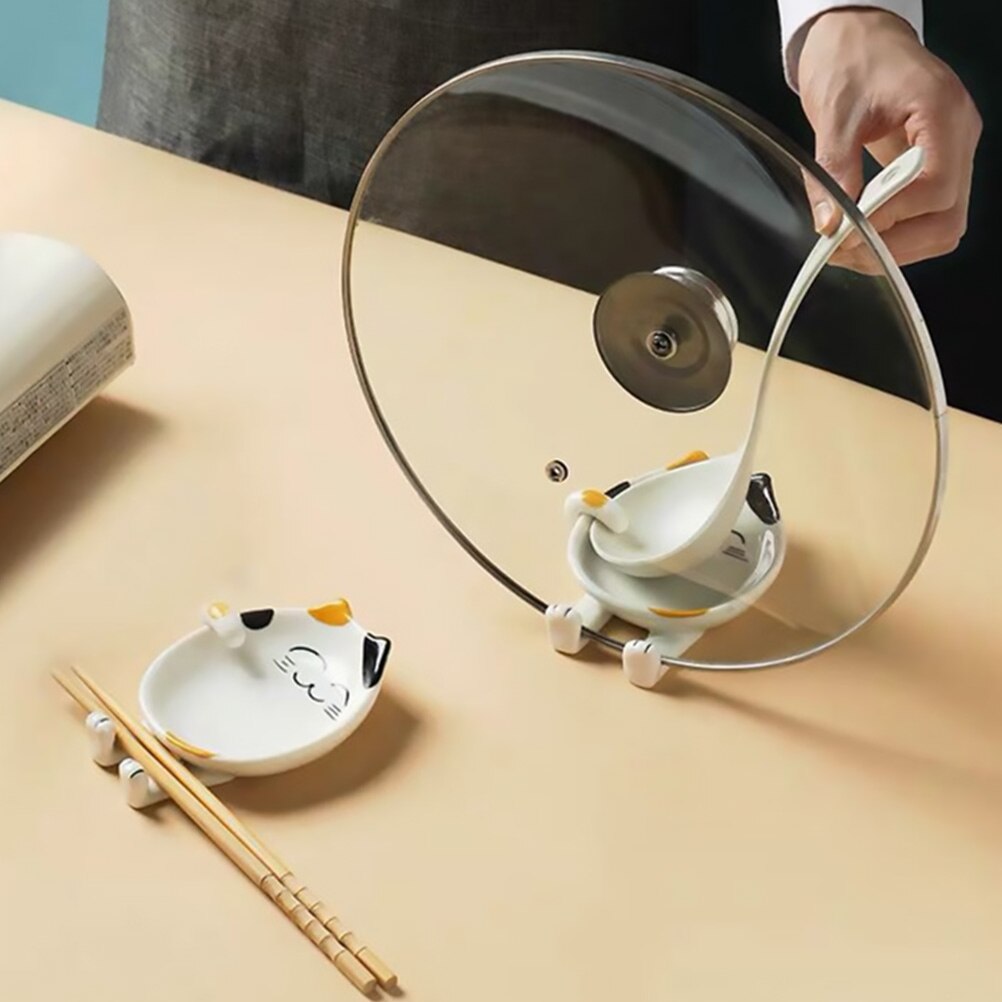 Cute Cartoon Ceramic Pot Lid Holder Kitchen Cutting Board Pan Cover Spatula Chopsticks Utensil Holder Spoon Rest Accessories