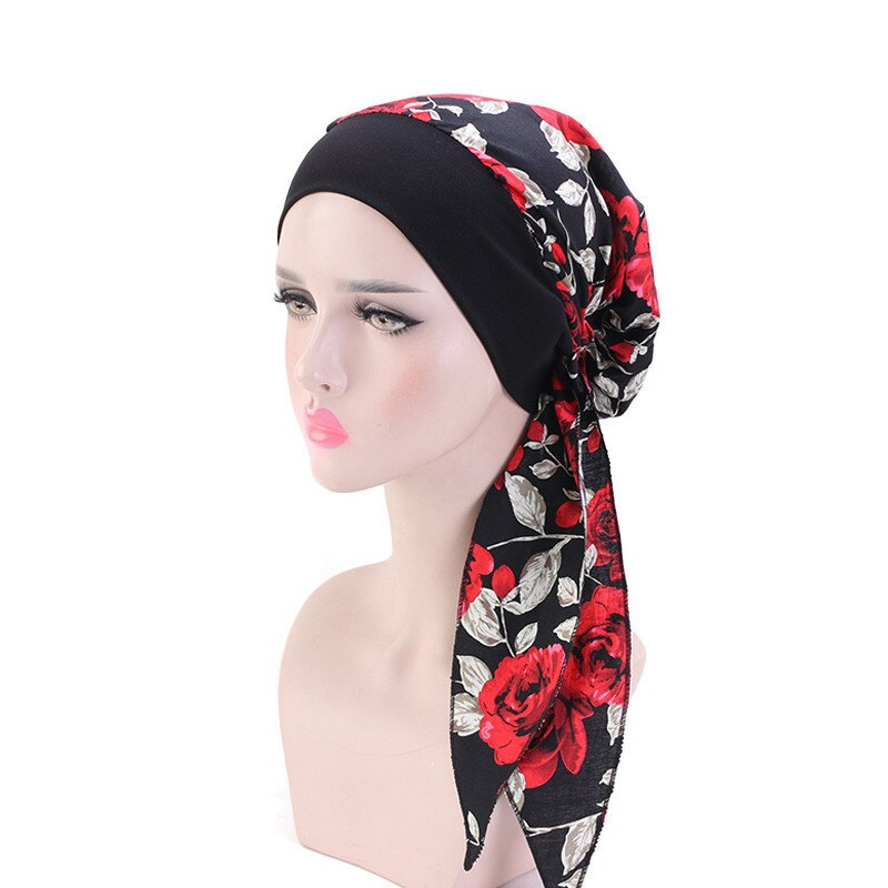 Kvinnors muslim hijab cancer kemo blomma tryck hatt turban mössa täcka håravfall huvud halsduk wrap förbundna huvudbonader strech bandana