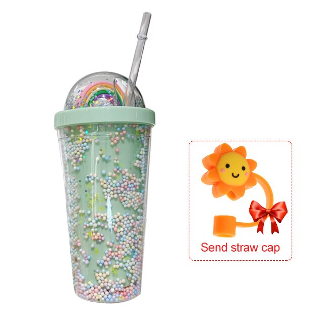 550ml Kawaii Cute Drinkware Rainbow Foam Straw Cup Girl Home Office Water Bottle Plastic Double Layer With Straw Girl: green