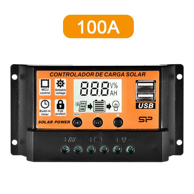 10-100A MPPT PWM Solar Charge Controller 12V 24V Dual USB Solar Regulator With Big LCD IP32 PV Battery Controller Load Timer: 100A