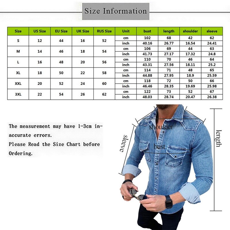 Menn vask denim jeans skjorte høst lange ermer skjorte casual slim denim topper eu str.