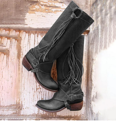 GOXPACER – bottes de gladiateur Vintage pour femmes, chaussures à pompon au dessus du genou, à la , bout rond, chevalier, avec boucle et anneau assortis: Black / 5.5