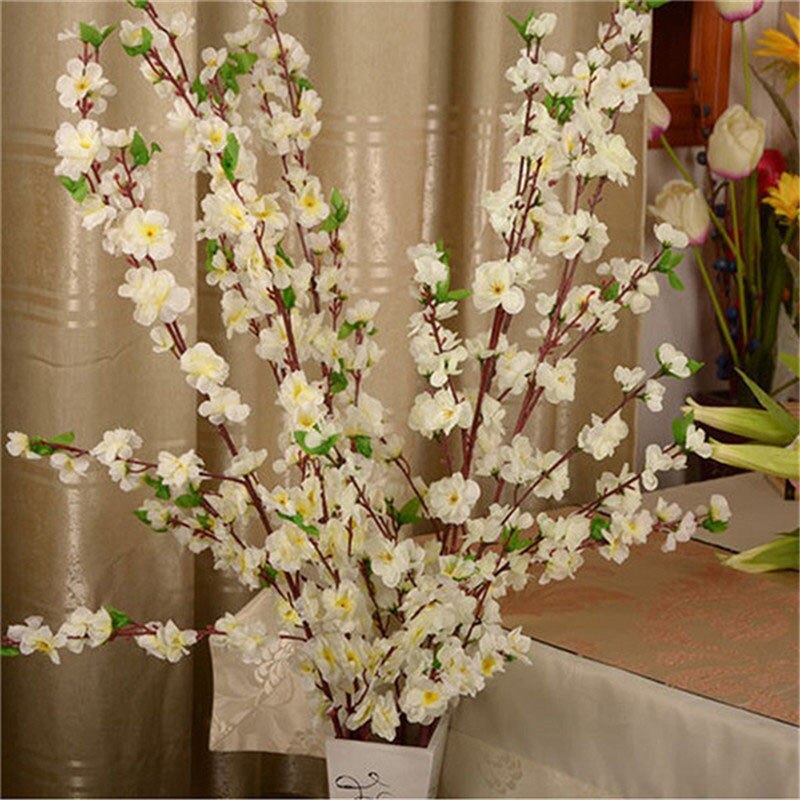 1pc 65CM Artificial Cherry Spring Plum Peach Blossom Branch Silk Flower Home Wedding Decorative Flowers Plastic Peach Bouquet: White