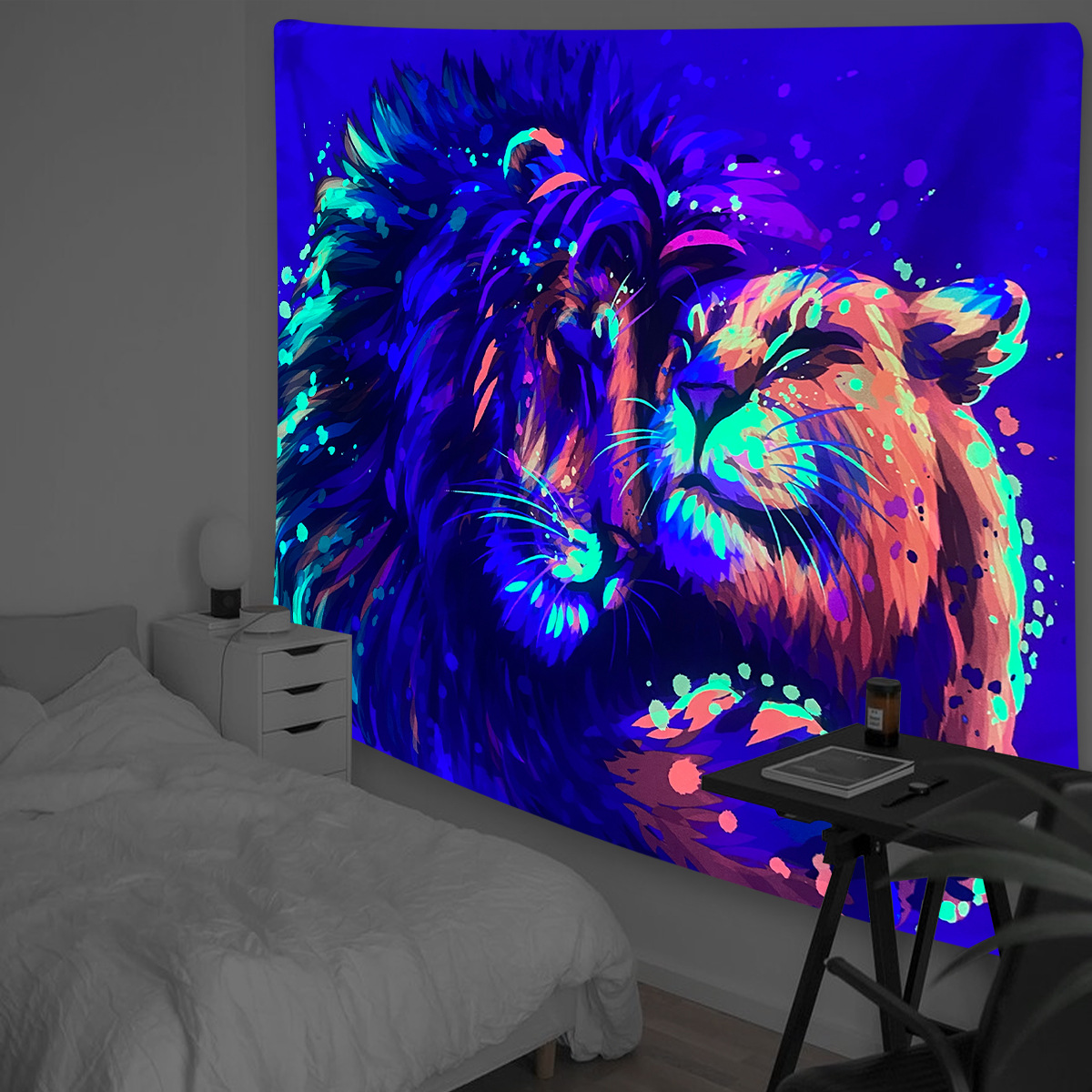 Tapiz de luz negra para colgar en la pared, Hippie psicodélico reactivo UV para dormitorio, decoración de habitación independiente: 200 x 170 cm / Albaricoque