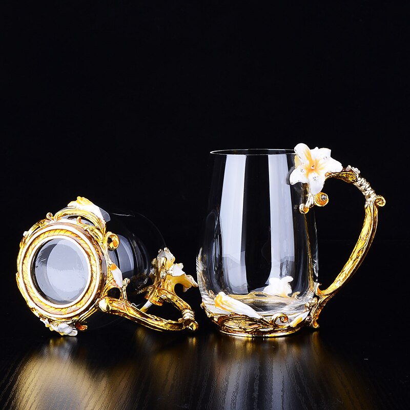 Vintage diamant glas koppar blomma emaljer kaffe mugg bröllop glas öl steins