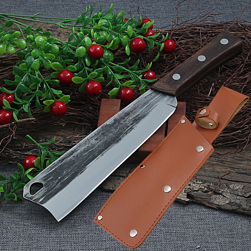 Hand Forging Bone Chopping knife Kitchen Chef Knives Cleaver Cutting with Wood Handle Chinese Meat Knife Butcher Outdoors Tools: with cover
