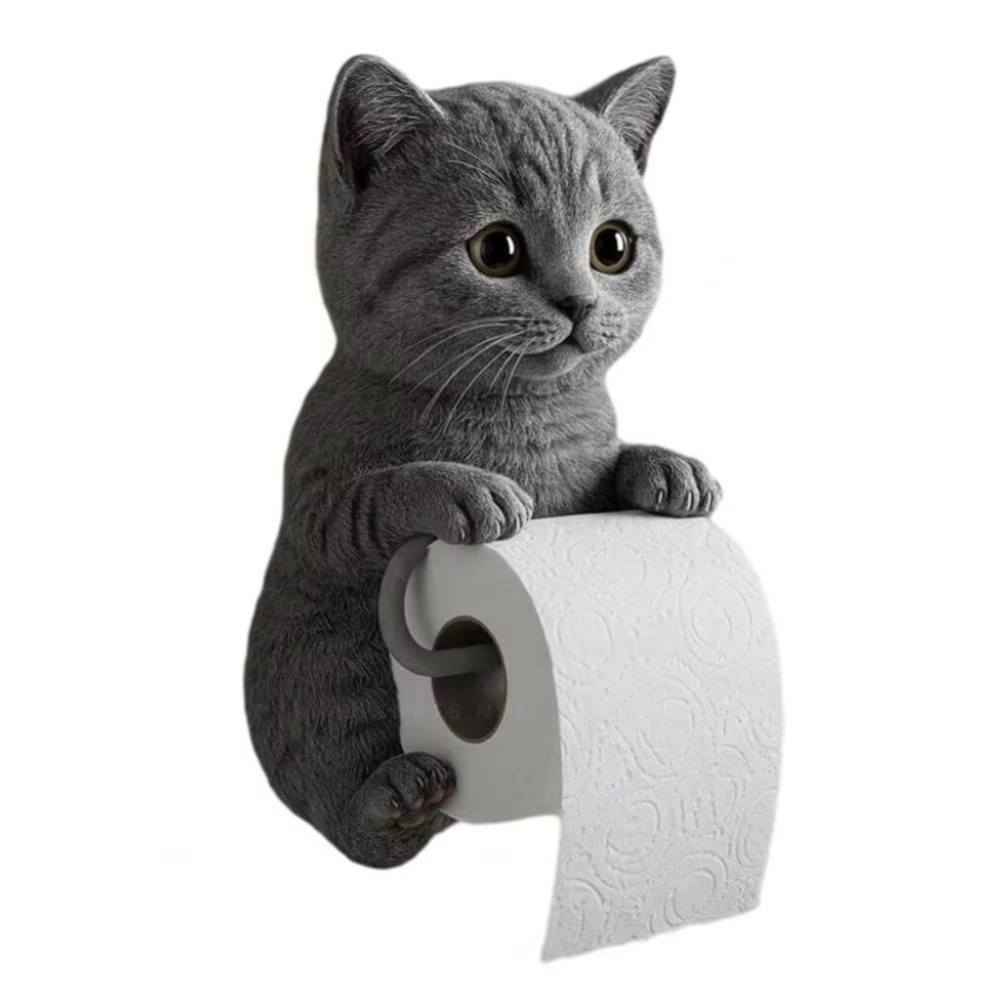 Soporte de papel higiénico 3D con forma de gato, instalación sencilla, portarrollos realista montado en la pared, multifuncional, ahorro de espacio: Gris claro