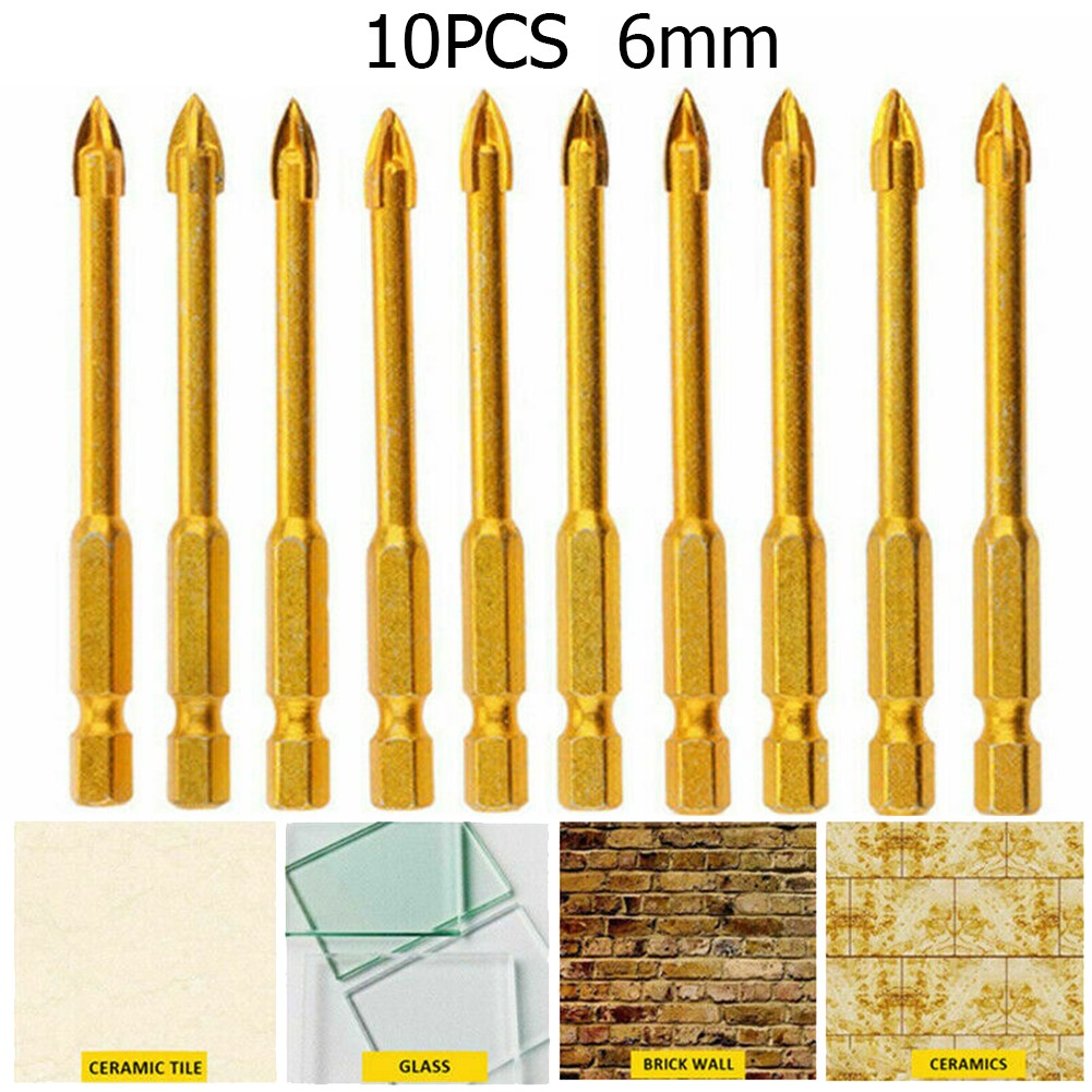 5/10pcs 6mm Hex Shank Golden Cross Bits Titanium Coated Ceramic Tile Marble Glass Drill Bits Spear Head For Metalworking