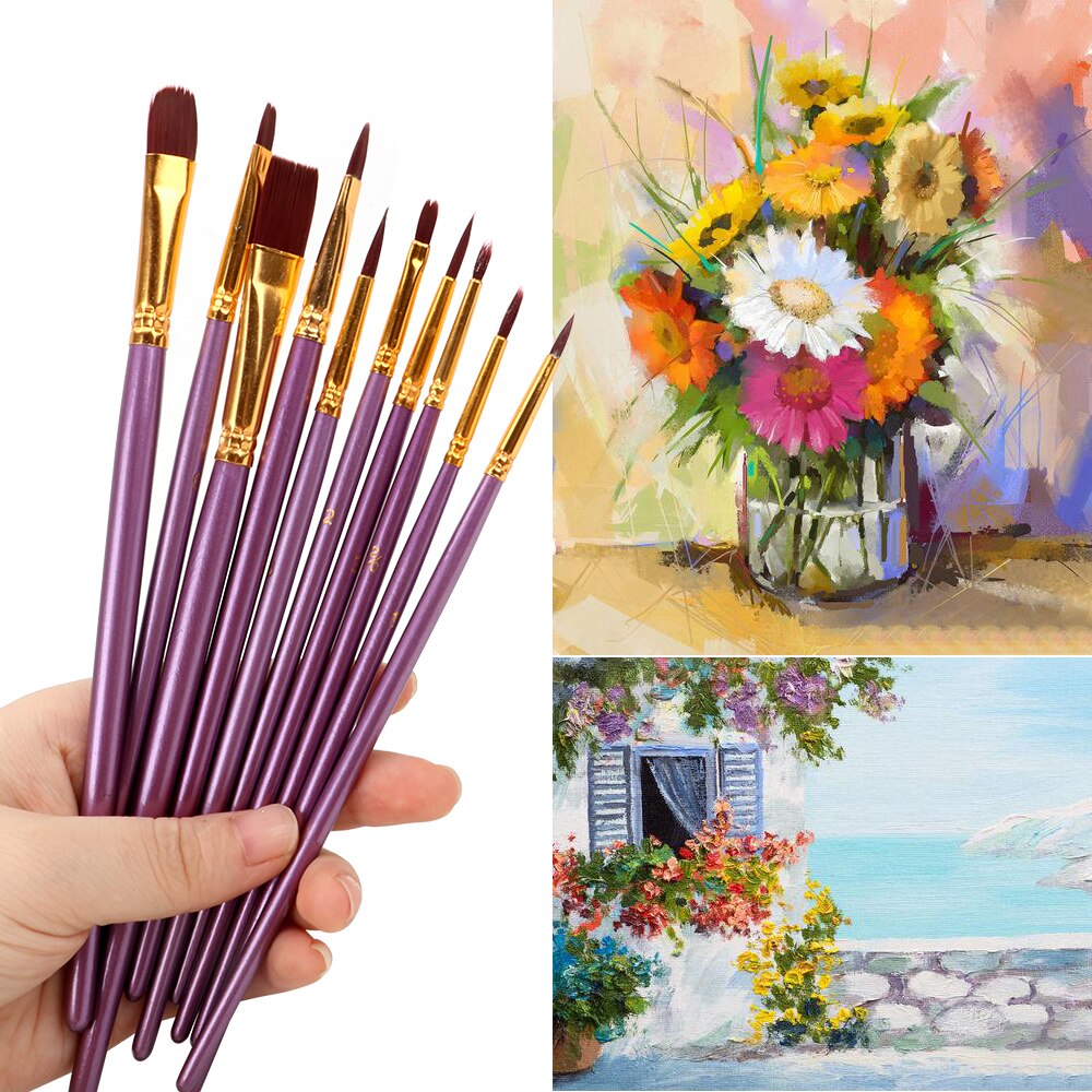 Oil Painting Brushes Acrylic Drawing Art Supplies Artist Paint Brush Set Purple Nylon Hair Watercolor 10Pcs/Set