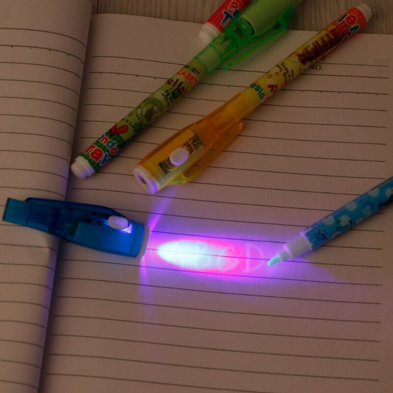 Bolígrafo de tinta Invisible con luz, marcador mágico bolígrafo para niños para mensaje secreto, suministros de papelería escolares creativos, 4 Uds.