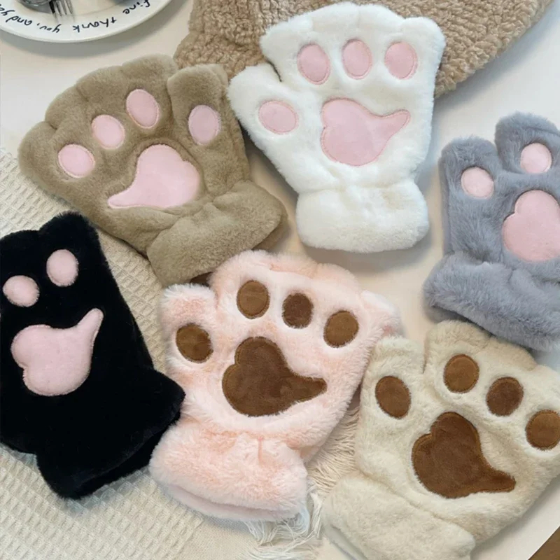 Jolies gants en peluche patte de chat, mitaines en peluche, chaudes et douces, courtes, sans doigts, ours pelucheux, Costume, gants demi-doigt