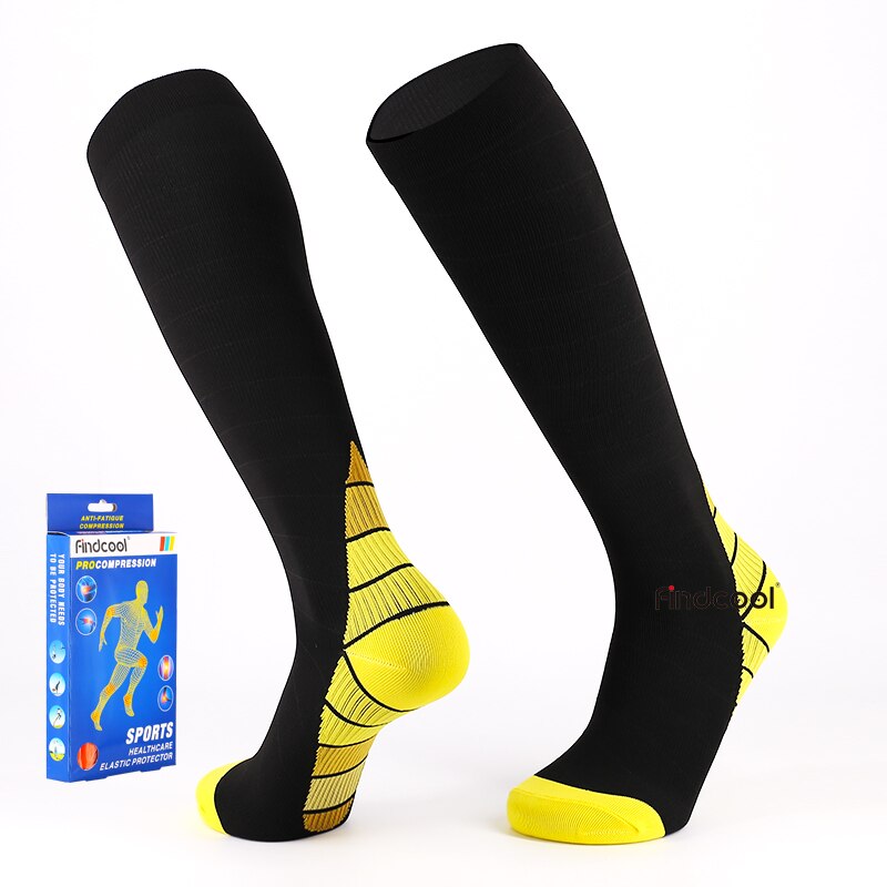 Findcool Knee High Compression Socks Outdoor Sports Socks Running Cycling Travel Boost Stamina Long Sock for Men Women: Black Yellow / S/M