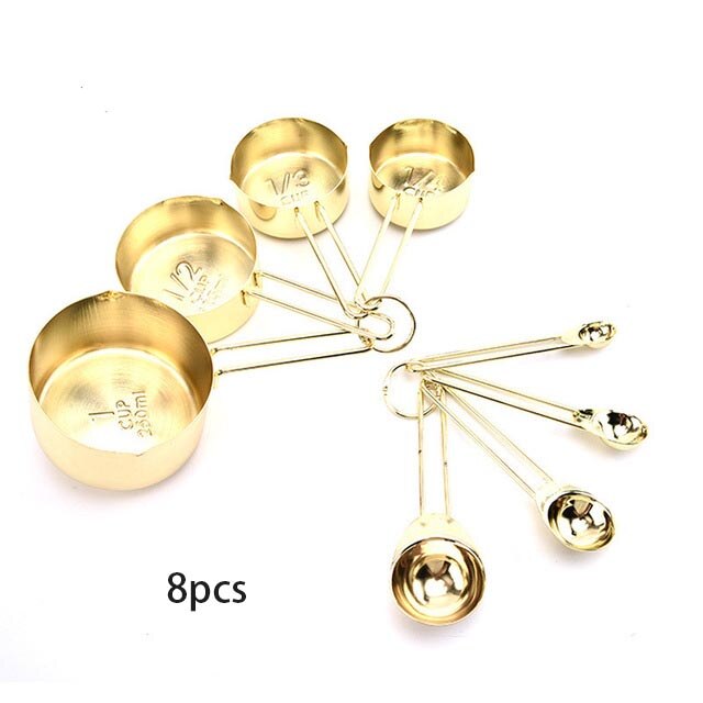 8Pcs/Set Measuring Spoon Set Stainless Steel Measure Liquid Tea Coffee Seasoning Cups Nordic Kitchen Baking Tool Measuring Cups: 8Gold