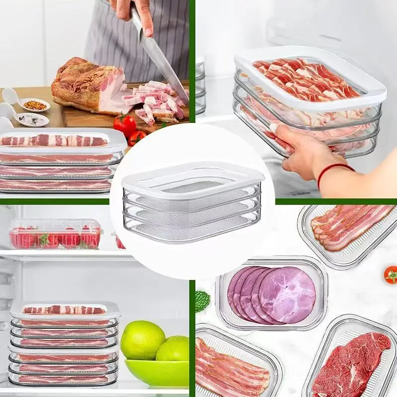 Contenedor de carne para nevera, almuerzo con tocino, contenedor de carne para refrigerador, contenedores de preparación de comida, cajas apilables de almacenamiento de alimentos con tapa