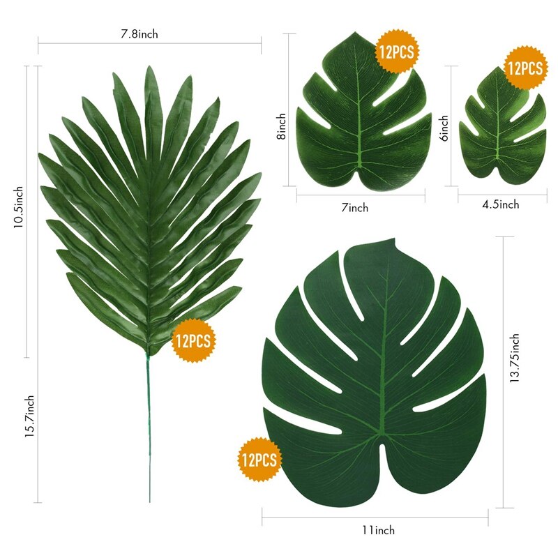 48PCS Jungle Beach Theme Decorations Artificial Palm Leaves & Turtle Leaf Fern Plant with Stem for Hawaiian Party