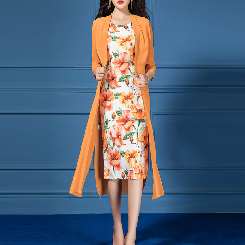 Dress Suit Women Long Chiffon Jacket and Floral Print Sleeveless Pencil Dress Two 2 Piece Set Spring Summer Fall Clothes