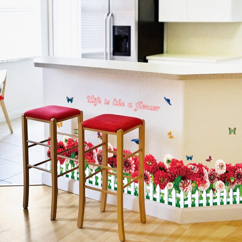 Red Flower Butterfly Kitchen Baseboard Wall Sticker Cabinet Stove Waist Line Border Decoration Poster PVC Corner Art Mural
