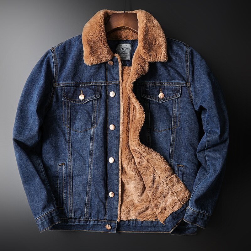 Vinter män smal tjock varm ull jeansjackor vintage manliga streetwear casual distressed jeans jacka ytterkläder: Marinblå / S