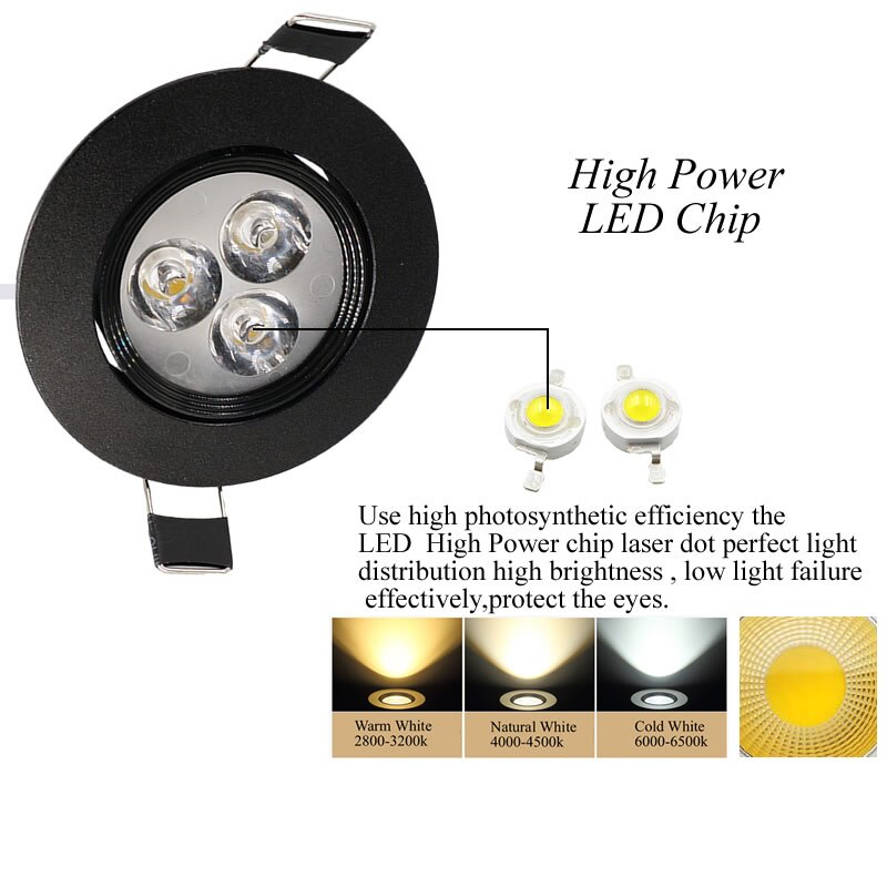 Rund dimbar led-downlight i taket 3w høyeffekts led-chip svart skall  ac85-265v or 12v led-innfelte spotlys lampe ce ul
