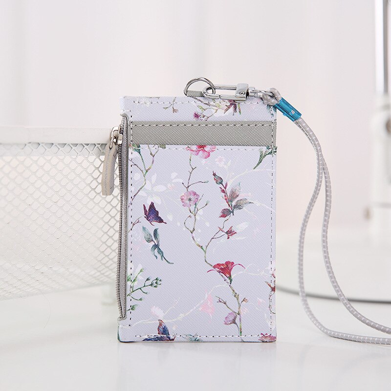 Purdored 1 peça suporte de cartão floral fofo feminino flores titular cartão caso de identidade com cordão id ic porta cartão com chaveiro: gray flower