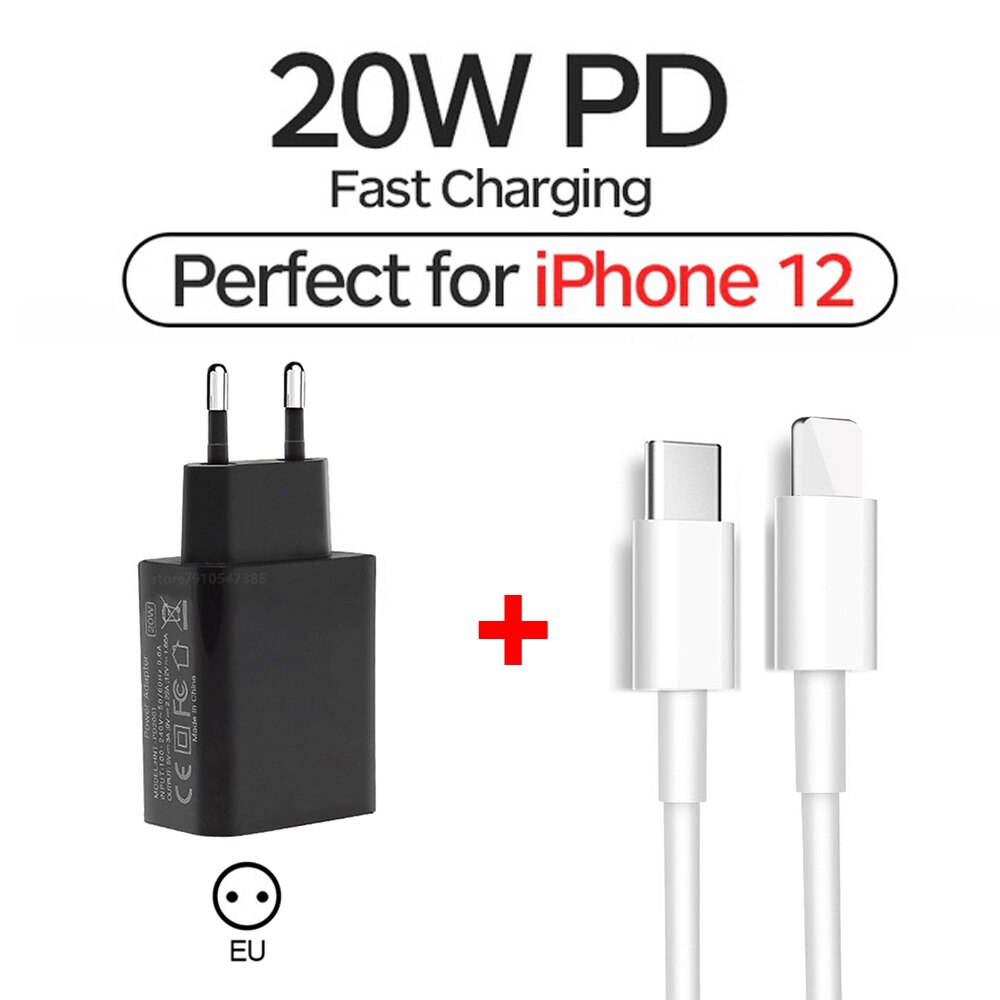 20W PD Schnelle USB C Wand Ladegerät Adapter 100-240V Typ C Lade Adapter Für iPhone 13 12 mini 13pro 11 Pro Max XS iPad Pro Air: 2in1 EU Plug Black