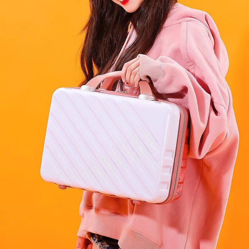 New14Inch Cosmetic Case Box Beauty Makeup Case Bag Organizer small Travel Suitcase Luggage Storage Bag Women Travel wash handbag: white pink