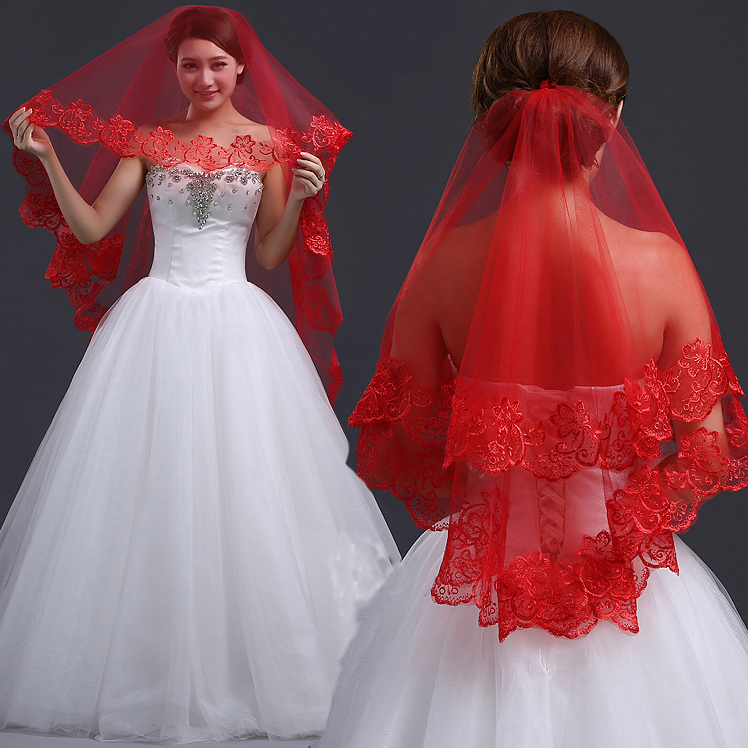 in Stock Weiß Elfenbein rot Braut- Schleier Elfenbein Spitze kurz Ellbogen Hochzeit Schleier Appliques lang Dom Braut Schleier 1.5M 3M