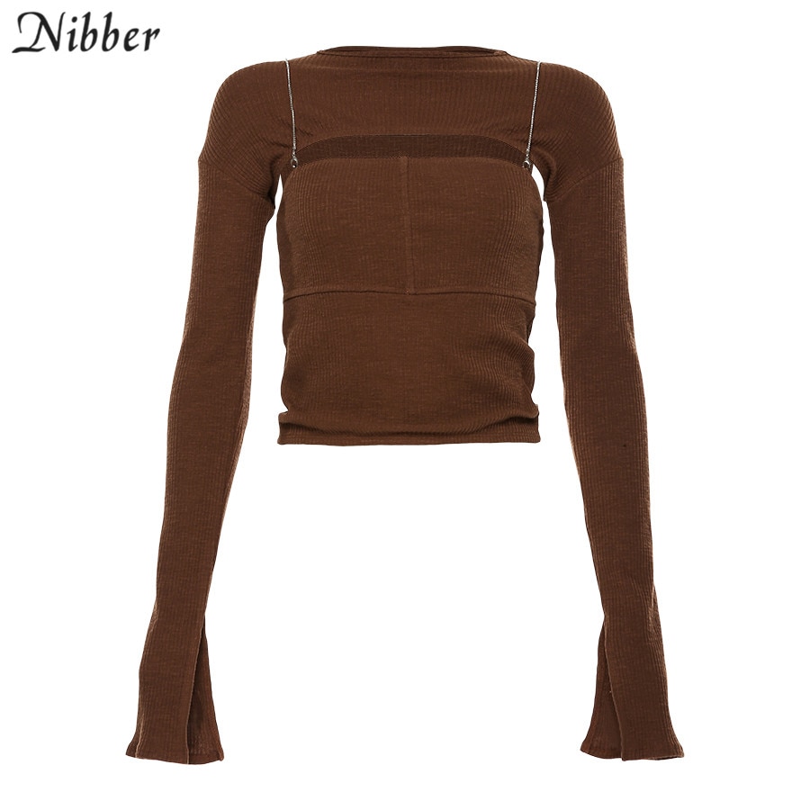 Nibber efterår kontor dame hul strikning slanke toppe kvinder high street afslappet t-shirts simple helærmede t-shirts mujer