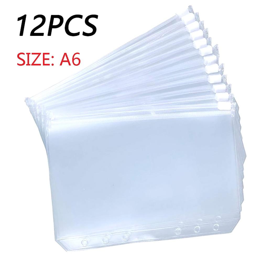 12PCS Binder Pockets A5 A6 A7 Binder Zipper Folders for 6-Ring Notebook Binder Transparent Loose Leaf Pouch Document Filing Bags: A6