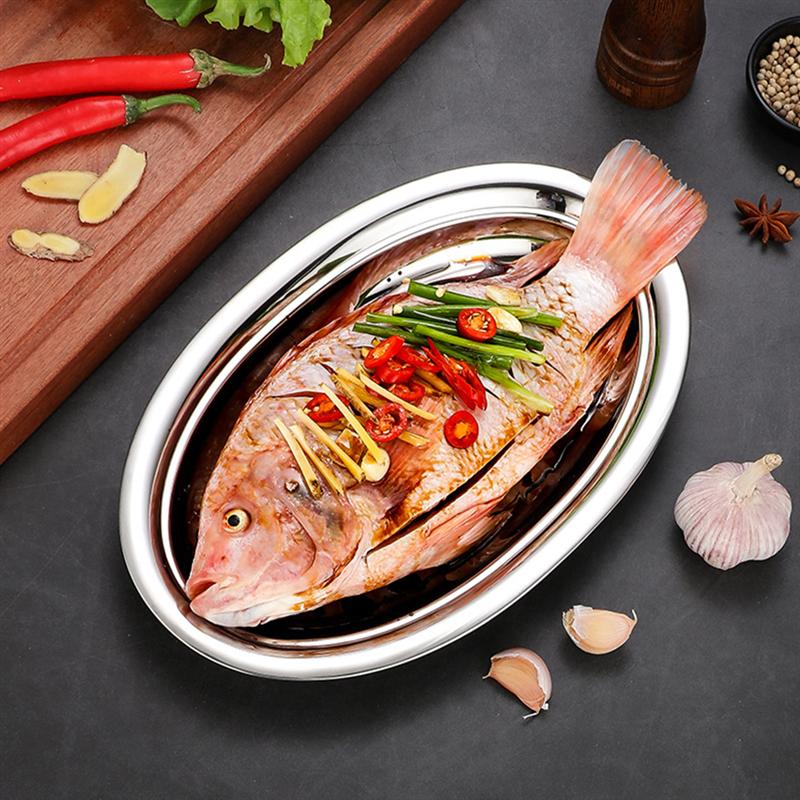 1pc Stainless Steel Dinner Plate Restaurant Serving Plate Oval Steaming Fish Plate Snack Dessert Dish Kitchen Service Tray