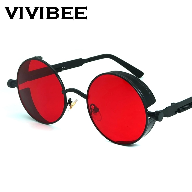 VIVIBEE Vintage Steampunk Red Sunglasses Men Round Punk Alloy Metal Retro Sun Glasses Women Goggles Gothic Style Shades