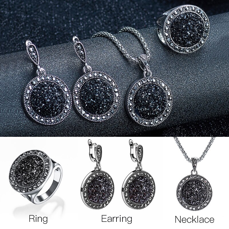 MISANANRYNE Vintage Schwarz Edelstein Schmuck Set Frauen Schmuck Set Antike Silber Kristall Runden Stein Anhänger Halskette Sets