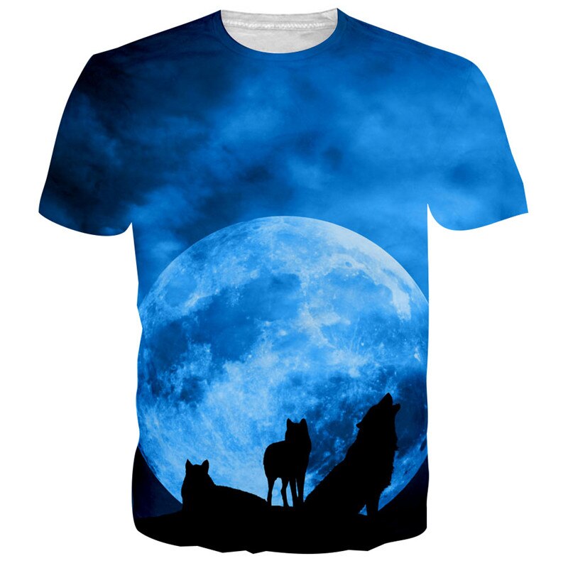Camiseta de manga corta con dibujo de lobo azul cielo estrellado Luna grande 3 negro: M
